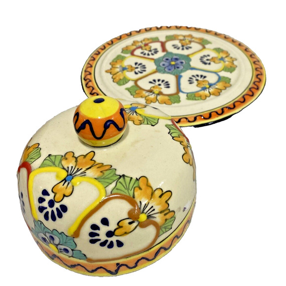 Unique Mexican Art Pottery Covered Dish Cheese Keeper Multicolor Mexico Folk Art - Picture 3 of 11